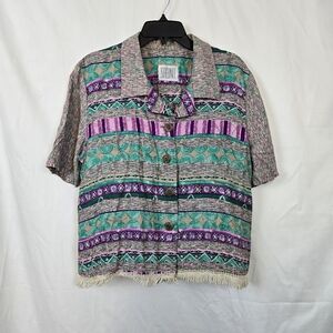 Sabino Women Multicolor Geometric Abstract Print Short Sleeve 90s Peasant Top 16